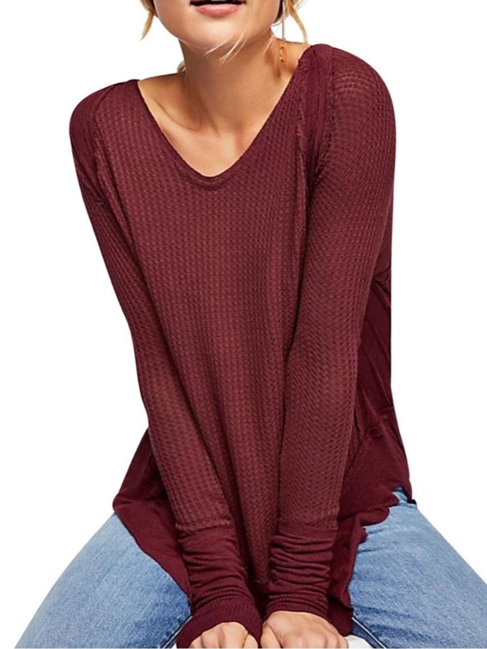 Free People Maroon Waffle-Knit Long Sleeve Tunic